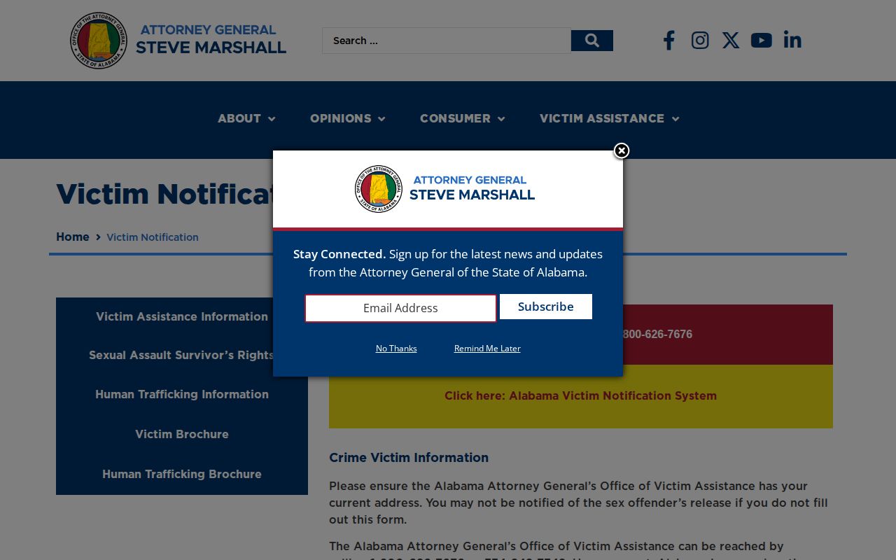 Alabama Attorney General victim notification information page