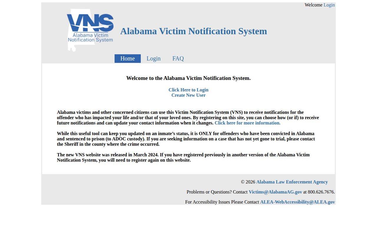 Alabama Victim Notification System registration screen for sentenced ADOC custody